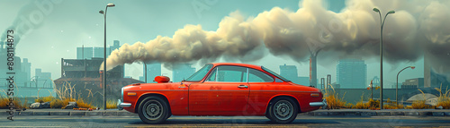A red sports car drives through a smoggy city photo
