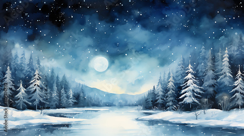 Illustrate a watercolor background of a magical winter night, with a clear sky, full moon, and a snow-covered landscape © Sunny