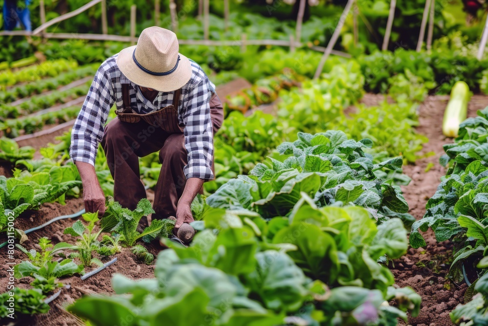 Farmer tending to rows of ripe vegetables in bountiful summer garden Farmer tending to rows of ripe vegetables in bountiful summer garden