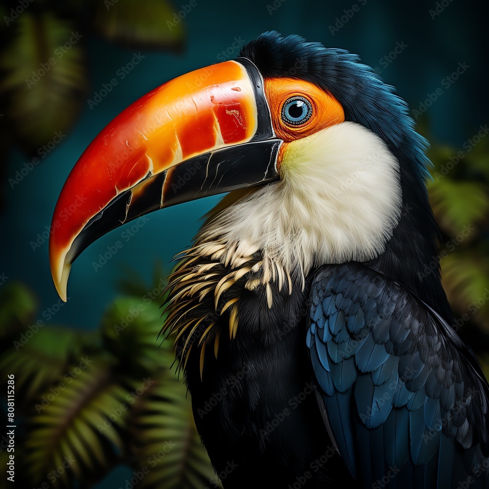 Fototapeta premium A close-up of a toucan, with a bright orange beak and blue eyes. The background is dark with green leaves. The toucan is looking at the viewer.