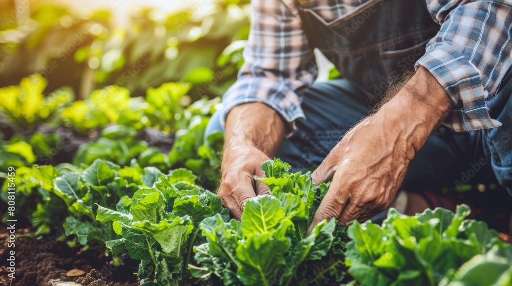 Fototapeta premium Farmer tending to rows of ripe vegetables in bountiful summer garden