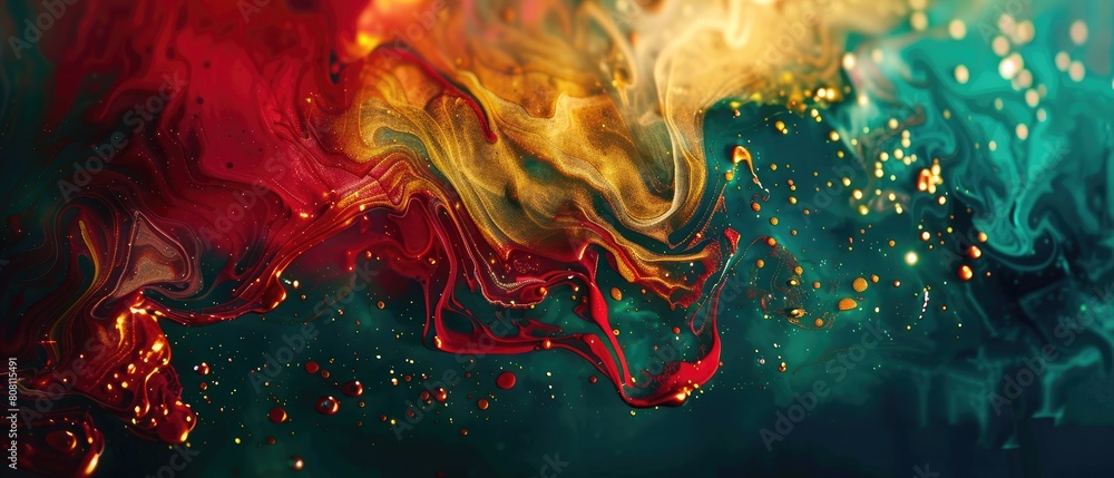 In the abstract backdrop, crimson, gold, and emerald intermingle, evoking the essence of flowing water