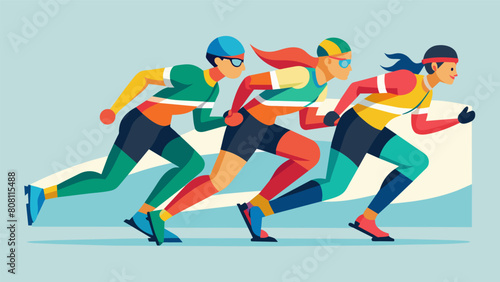 A team of skaters wearing brightly colored jerseys pushing each other to go faster as they compete in the marathon.. Vector illustration © Justlight