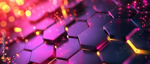 Hexagonal shapes in the abstract background are aglow with purple, red, and yellow lights © muhamad