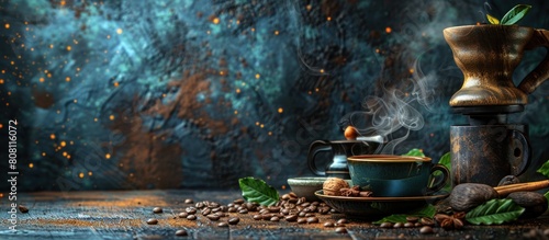 cezve with hot coffee with beans, cinnamon, nuts, leaves and coffee grinder. Concept of brewing warm coffee photo