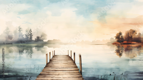 Illustrate a watercolor background of an old wooden pier extending into a calm lake photo