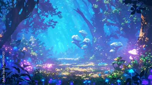 A mystical forest glade with glowing mushrooms and enchanted flowers that emit soft, ethereal light, amazing background, anime background.