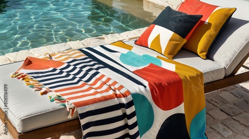 Beach bed with sunbeds and pillows near swimming pool photo