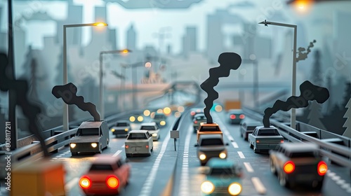 Dynamic papercut of a busy highway with vehicles emitting black paper exhaust, underlining transportation emissions.
