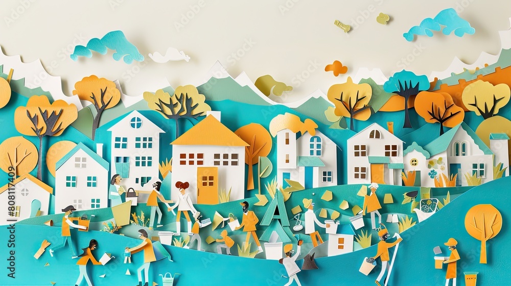 Dynamic papercut of a community participating in a clean-up day, with paper trash being collected and sorted. Dynamic papercut of a community participating in a clean-up day, with paper trash being collected and sorted.
