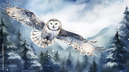 Illustrate a watercolor background of a snowy owl in flight against a full moon, with a forest silhouette below