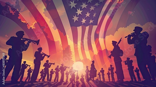 Dynamic papercut of a military band performing patriotic songs during a Memorial Day event.