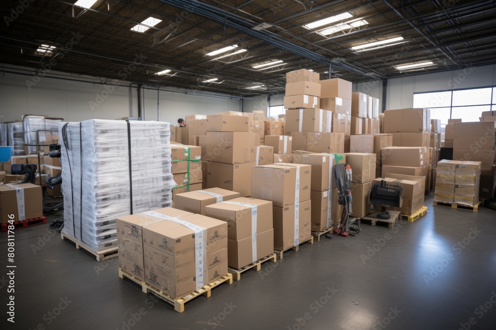 Efficient retail warehouse logistics forklift amidst shelves filled with cardboard boxed products Efficient retail warehouse logistics forklift amidst shelves filled with cardboard boxed products