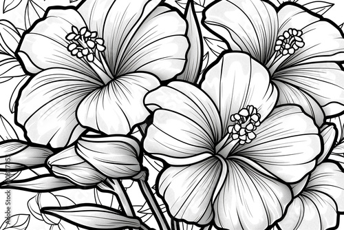 A drawing of three flowers with a black and white color scheme