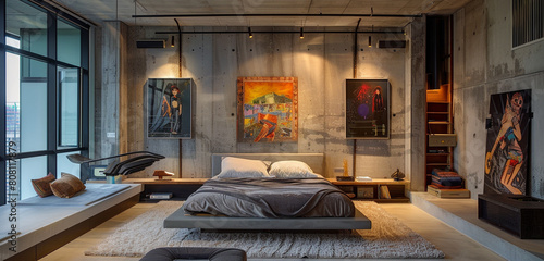 An avant-garde master bedroom in a modern loft, with concrete walls, a sculptural bed frame, and innovative, built-in storage solutions,  photo