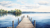 Illustrate a watercolor background of an old wooden pier extending into a calm lake