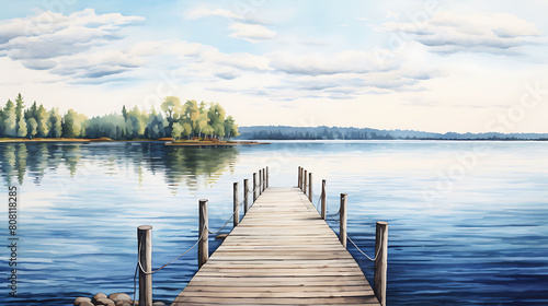 Illustrate a watercolor background of an old wooden pier extending into a calm lake photo