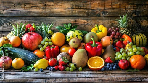 Fresh fruits and vegetables on a rustic wooden table, vibrant colors.