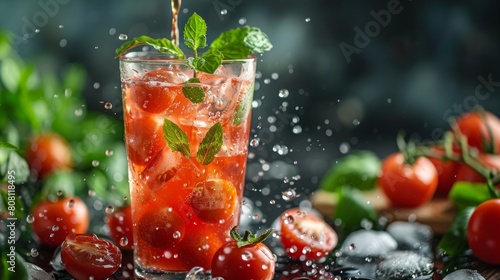 refreshing summer drink idea: serve tomato juice over ice with mint leaves in a tall glass, perfect for cooling down photo