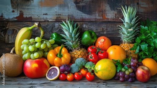 Fresh fruits and vegetables on a rustic wooden table  vibrant colors.