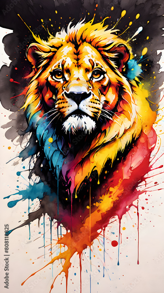 Obraz premium A lion. colorful lion head portrait on white background with watercolor splashes