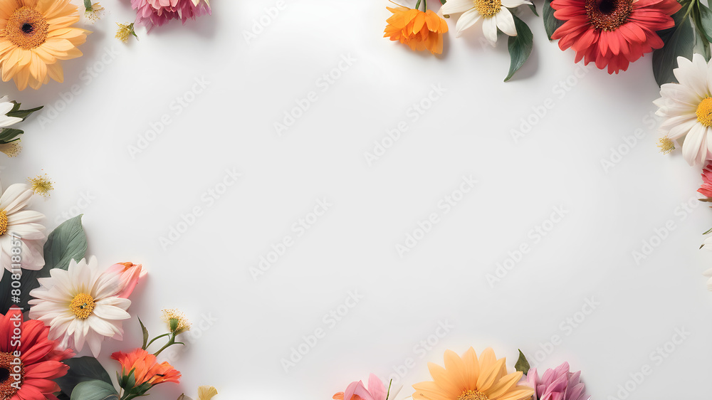 Flowers Blossom in corner on Blank White Empty Background Copy Space, Generative AI illustration