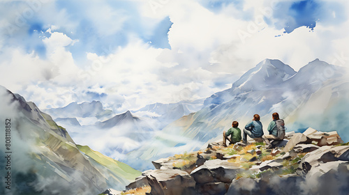 Illustrate a watercolor background of a high mountain pass with travelers resting at a scenic overlook photo