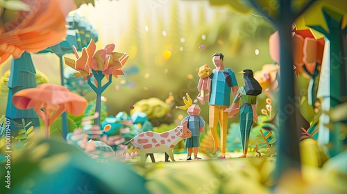 Happy family taking a walk in a papercut forest, with trees and animals made of colorful paper, sharing moments of joy.