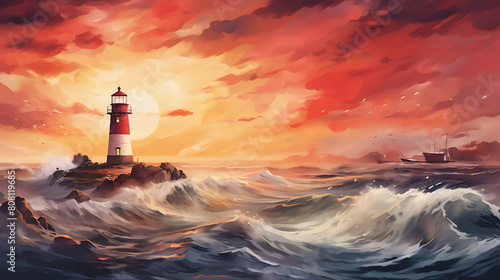 Illustrate a watercolor background featuring an old lighthouse by the sea at dusk