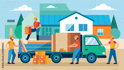 Workers bustling around a large truck delivering building materials unloading lumber drywall and roofing supplies.. Vector illustration photo