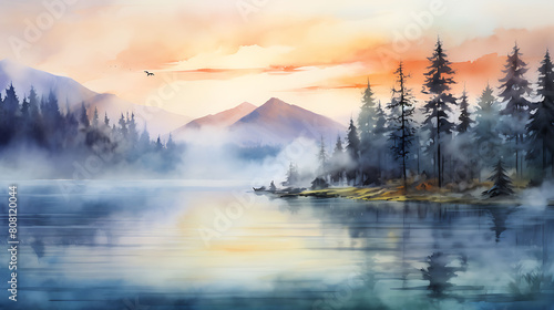Illustrate a watercolor background depicting a serene lakeside at dawn, with mist rising from the water photo