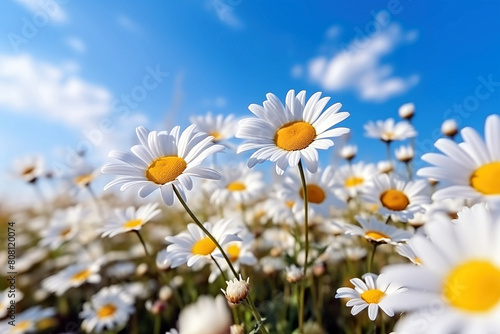 White daisies on blue sky background. Chamomile field