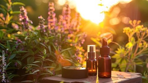 Highly detailed image of a skincare routine at sunset  using natural anti-aging products outdoors.