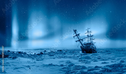 Old ship stuck in the ice Aurora Borealis in the background