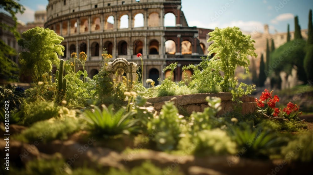 Roman coliseum transformed into a lush garden exotic flora and fauna flourishing beautifully