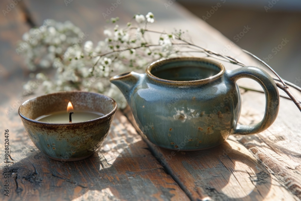 Fototapeta premium Tea set on a wooden table with candles and flowers. Selective focus. Boho style