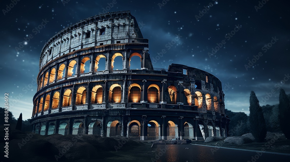 Naklejka premium Roman coliseum during a celestial event stars shining over the arena