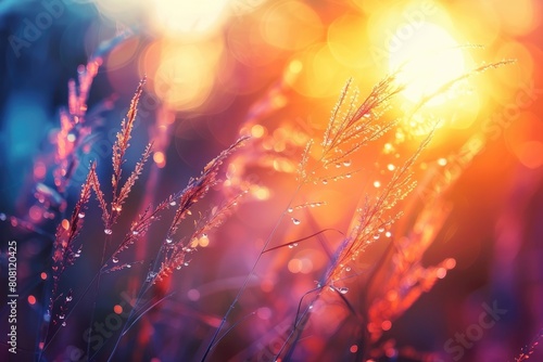 Wild grass in the forest at sunset. Macro image  shallow depth of field. Abstract summer nature background