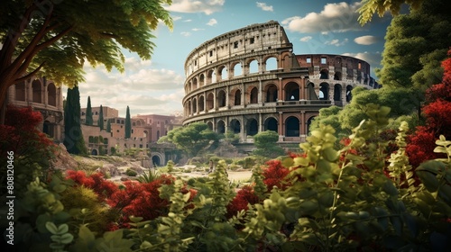 Roman coliseum transformed into a lush garden abundant exotic flora and fauna