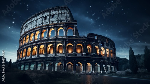 Roman coliseum during a celestial event stars shining over the arena