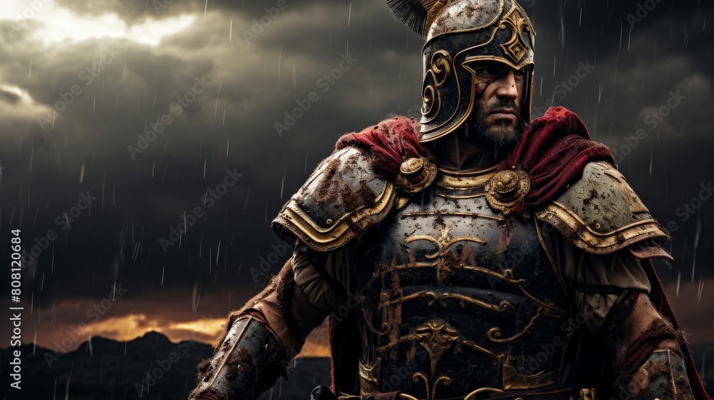 Roman Legionnaire in full armor raising a standard against stormy skies