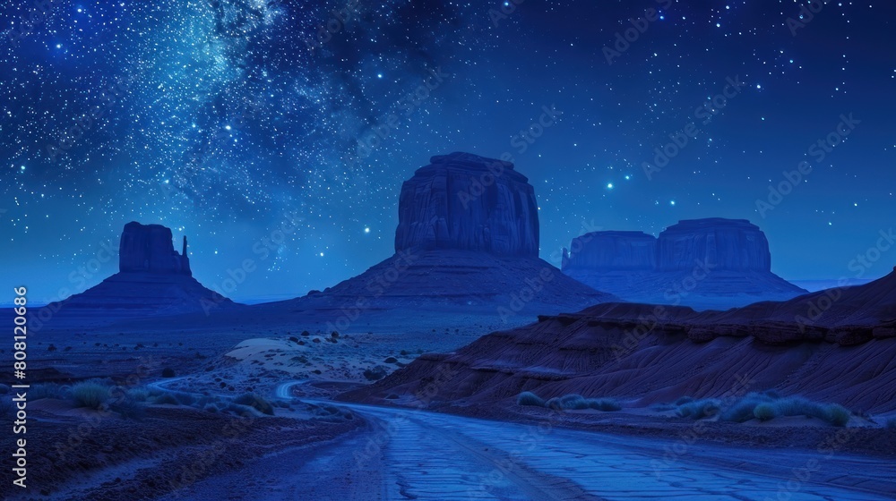 beautiful landscape photo Beautiful classic panoramic view of Monument Valley with the famous Mittens and Merrick Butte illuminated by beautiful mystical moonlight on a starry summer night, Arizona beautiful landscape photo Beautiful classic panoramic view of Monument Valley with the famous Mittens and Merrick Butte illuminated by beautiful mystical moonlight on a starry summer night, Arizona