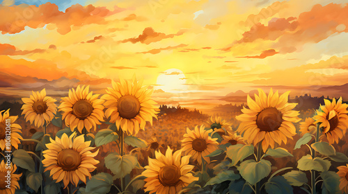 Illustrate a watercolor background of a sunflower field at sunset, with the flowers turning towards the last light #808120611