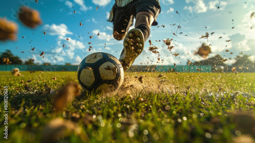 A soccer player in a boot kicks a ball with great force  sending grass flying and scoring a goal. The shot is taken from a low angle  showing the player s determination and skill.