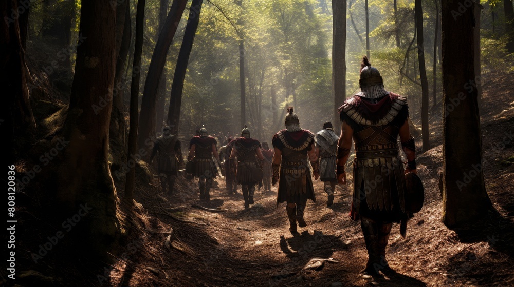 Roman Legionnaires on a long march through dense forest