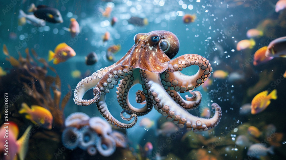 Octopus marine animal underwater. Giant squid on ocean bottom. Photo of intelligent kraken creature Octopus marine animal underwater. Giant squid on ocean bottom. Photo of intelligent kraken creature