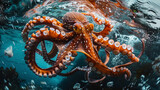 Octopus marine animal underwater. Giant squid on ocean bottom. Photo of intelligent kraken creature