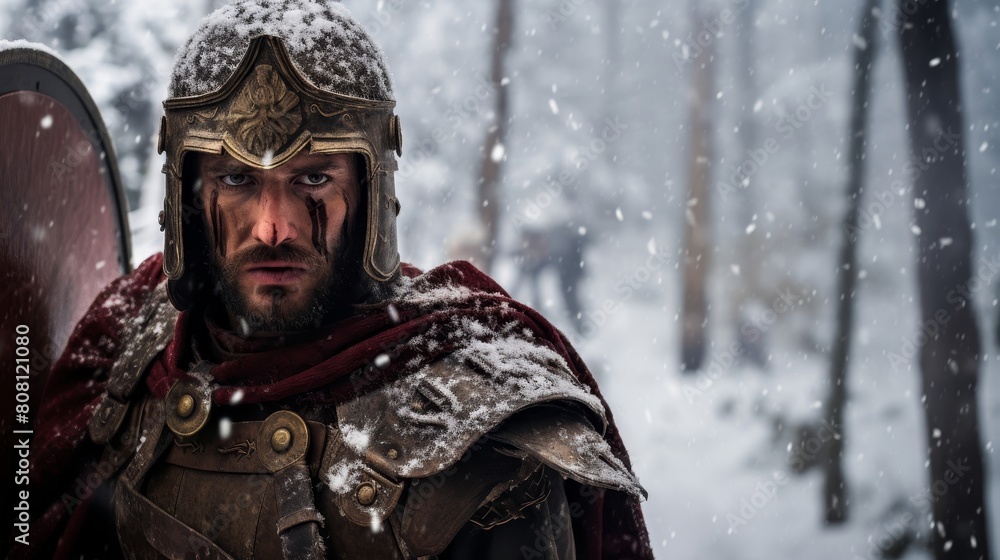 Roman Legionnaire's snowy journey highlighting troop determination