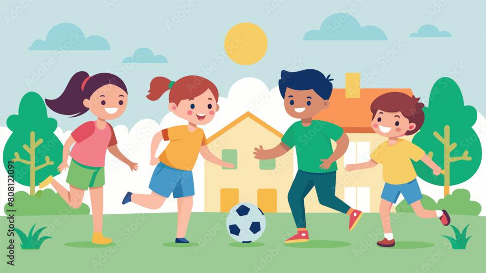 A group of cousins playing a game of soccer in the backyard their energy and competitiveness spiking without the distractions of video games or. Vector illustration