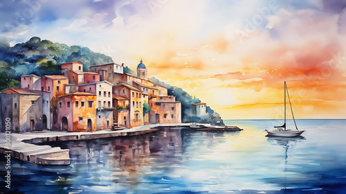 Illustrate a watercolor background capturing the calmness of a coastal village at sunset photo